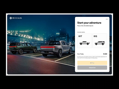 Preorder animation checkout clean design desktop app electric vehicle interaction minimal motion outdoors preorder rivian typography ui ux