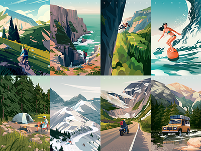Outdoor Sport Illustrations branding bysicle camping car character design color gradient color hiking homepage illustration landscape motorcar outdoor parachute rock climbing sport surfing suv ui vector