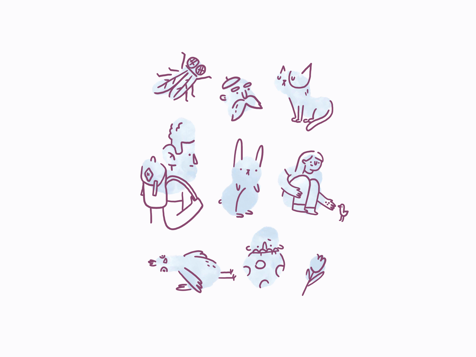 Blots 2 backpack bird cat character flower fly girl moustache pigeon rabbit spots tulip watercolor