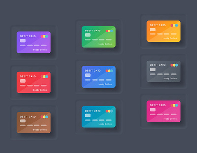 Debit Cards - Dark Theme card icons cards cards design clean colors credit cards dark theme debit cards design icons illustration minimal modern ui uiux ux vinodkumarpalli