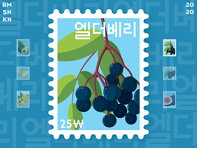 Elderberry post stamp art berry blue bunch design elderberry food fruit healthy hieroglyphs illustration juicy korean leafs post stamp stamp illustration ui vector vegan