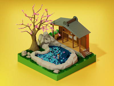 Japanese Onsen in Daylight | 3D Lowpoly 3d 3d art 3d artist blender blender3d design illustration japanese low poly low poly low polygon lowpoly lowpolyart onsen sakura 桜 温泉