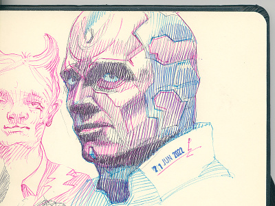 quick sketch of Vision with BIC 4color ballpoint pen drawing etching ink marvel paul bettany sketch vision