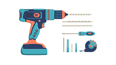 A set of construction tools.Drilling machine, drill, screwdrive. construction device drill drilling electric equipment handle illustration industry instrument isolated machine metal object power repair screwdriver tool vector work