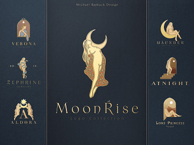 MoonRise Logo Collection astrology astronomy beauty branding celestial cosmic elegant logos esoteric feminine logo floral hand drawn logo design magical moon mystical nudity spiritual star logo sun woman illustration