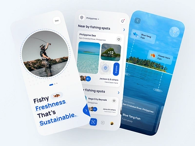 Fishing Spots Mobile App UI app app design clean fish fisher man fishing fishing app fishing app design lake location map mobile mobile design modern social spots travel trip ui design vacation