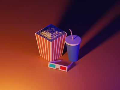 Movie night 3d blender cinema illustration isometric low poly movie netflix popcorn snack tv