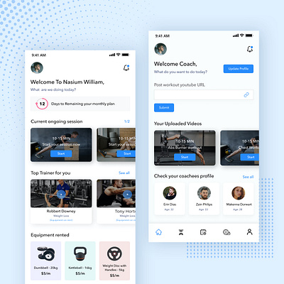 Nasium App (Trainer & Trainee Home Page) android app design design fitness app gym app health app ios app design minimal mobile app design mobile ui shots sleek ui ui design uidesign uxdesign workout app