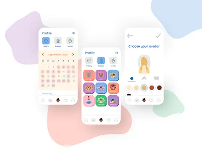 Yoga For Kids Profile Pages app avatar badges character child girl history illustration kids mascot mobile profile selection settings ui yoga yoga for kids yogi