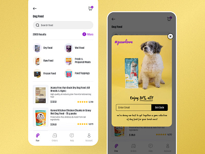 Paw - Online Pet Store banner chewy dog app dog food app dog store ecommerce heads up for tails mobile offer pet app pet shop app petco petflow petsmart pop up product list shopping supertails ui ux