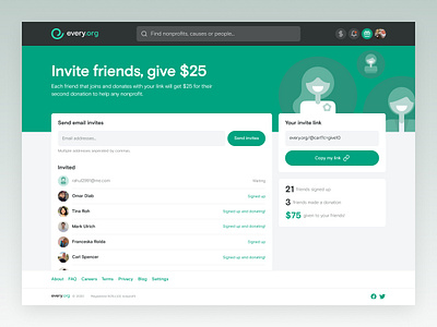 Every.org | Invite Friends app bonus cause charity desktop donate invite join nonprofit ui ux web