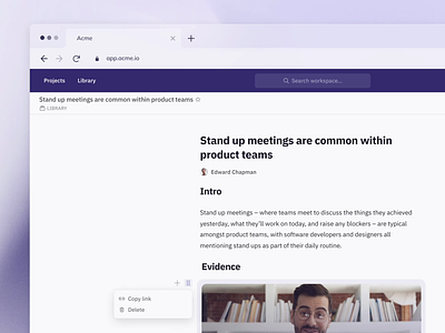 Block Based Document Editor - Content Block Actions browser window content context actions details document document view figma hover purple saas side panels text editor top nav ui video player web wip