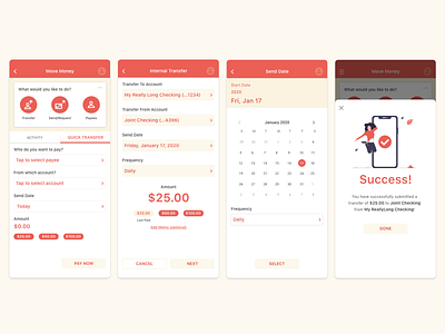Mobile App Transfer Workflow calendar ui mobile app payment form success message transfer money ui ux