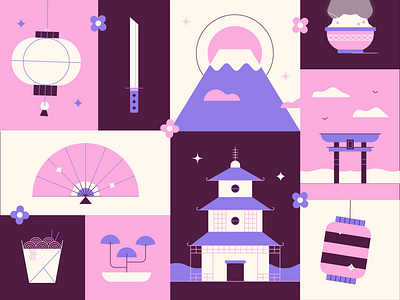 Japan Animation ⚔️🌁🌸 animation clouds cute flower fuji fun grid illustration japan japanese mountain noodles rice samurai sword vector