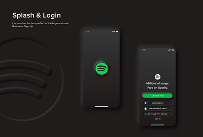 Splash & Login - Spotify Neumorphism UI Redesign Project dark mode neumorph neumorphic neumorphic design neumorphism neumorphism ui neutral redesign ui ui ux ui ux design ui design ui kit ui ux uidesign uiux