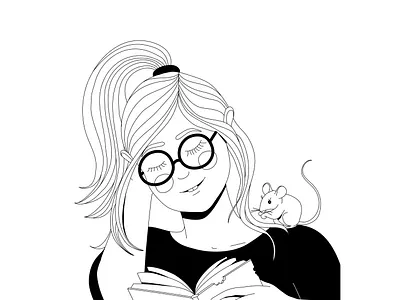 Rodent - inktober 2020 day6 black and white blackandwhite doodles girl girl character illustration inktober inktober2020 reading rodent