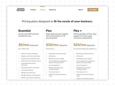 Spur Pricing Page employee hourly hr hr software hrms payroll pricing pricing page pricing plan pricing plans pricing table spur workers