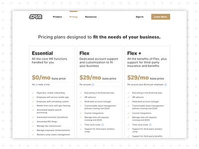 Spur Pricing Page employee hourly hr hr software hrms payroll pricing pricing page pricing plan pricing plans pricing table spur workers