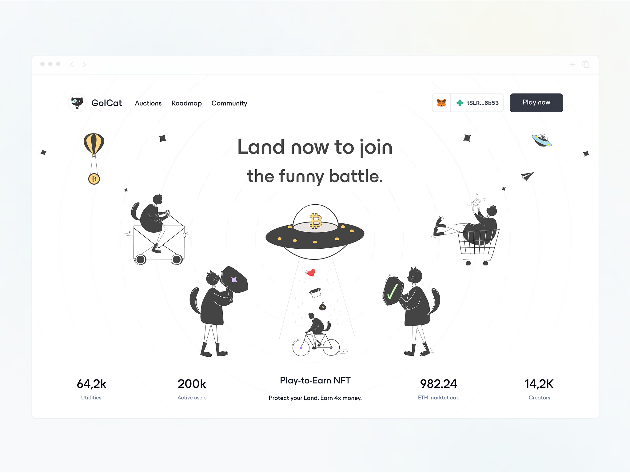 Catio Heros ✦ animal battle cat game illustration landing nft p2e play to earn safe shield space ship