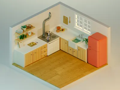 Cozy kitchen 3d blender blender3d cozy fridge illustration isometric kitchen low poly low poly pumpkin red render