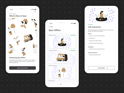 Spur Offers benefit benefits black gold hr hrms insurance mobile ui offers payroll popup purple spur whats new