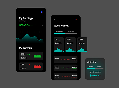 Dark UI for Stock Market / Finance app branding concept dark app dark ui design dubaidesigner earning figma finance illustration mobile ui mobileapp mobileappdesign product design stock market typography ui uiux uiuxdesign