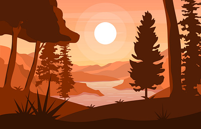 River Morning Sunrise Afternoon Sunset Forest Landscape brown design drawing flat illustration landscape morning mountain nature river sunrise vector