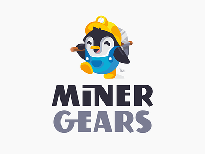 Miner Gears animal branding crypto cryptocurrency design gear helmet illustration logo logotype mark miner mining penguin pickaxe typo typography