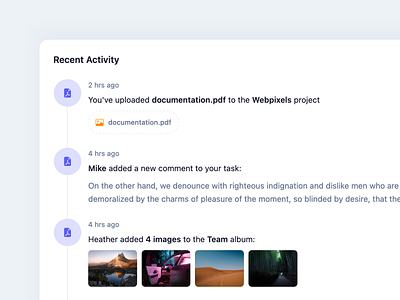 Listing the recent activity - Webpixels activity application attachments bootstrap components dashboard gallery list profile template thumbnails timeline ui