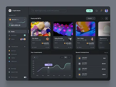 Crypto Haven - NFT Dashboard #1 app bitcoin buy chart crypto cryptocurrency dark dark mode dashboard data design ethereum graph netguru nft product design redesign sell ui