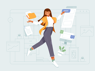 Happy Working Illustration Concept animation character flat illustration girl graphic design happy illustration illustrations job jump modern working working space