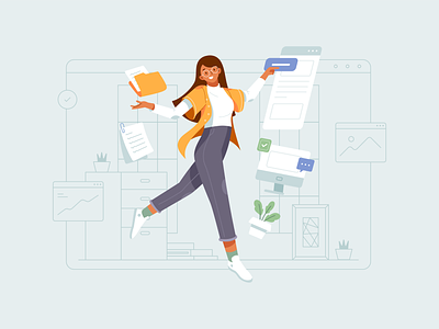 Happy Working Illustration Concept animation character flat illustration girl graphic design happy illustration illustrations job jump modern working working space