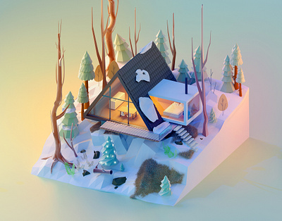 Cabin in the woods, winter. 3d cgi design forest home house illustration isometric low poly lowpoly