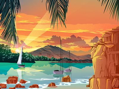 Sky boat lake landscape mountains nurture ocean palm sun sunset