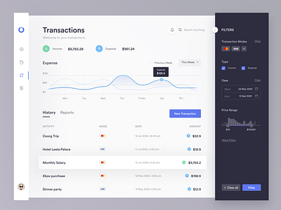 Transactions 2020 app cards clean dark ui dashboard design expenses filter finance income light ui minimal product product design sidebar transaction trending ui ux