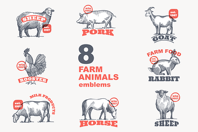 Set of 8 farm animals hatching emblems. animal badge cow egg emblem engraving farm food goat hatching horse logo milk pig pork rabbit rooster sheep