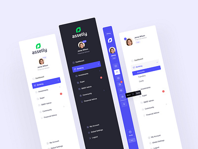 Assetly - Menu Components and different states asset management clean clean ui dark dark ui fintech menu menu design menubar sidebar menu