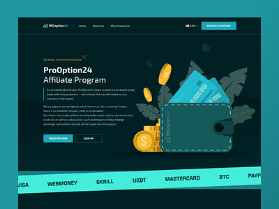 ProOption Affiliate Landing Page Design affliate broker cfd exchange forex gambling giveaway investments landing landing page payment paypal referrals skrill trade trading trendy design ui design ui landing web design