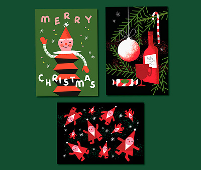 Red, Green and Black Christmas black card design christmas christmas card elves green illustration mulled wine red retro