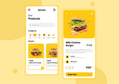 Bettzös : Fastfood App UI burger character color cravings design flat food food and drink food app food lust food ui icon minimal mobile mobile app navbar order now pizza ui