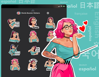 Words Booster Stickers art cartoon character characterdesign design female girl hint illustration language app language learning learning app sex sexy sticker design stickers teachers ui vector web