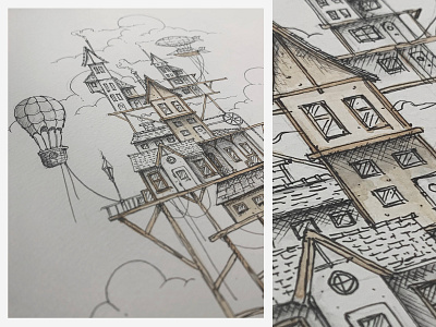 Before the flood airbaloon airship baloon beforetheflood clouds dhultin flood house illustration progress ship sketch