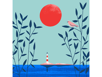 Midsummer bird blue digital illust digital illustration finland illustration landscape lighthouse midsummer nature pink quiet red scandinavia sea view seaside serenity summer sunset