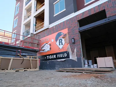 Tiger Field On wall (WIP) badge baseball billboard branding design giants greetings illustration logo mural postcard poster psotcard redding royaltigers shasta sign tigers vintage