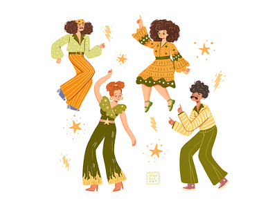 disco dancers character design dancers dancing disco funny green man music smiling vintage woman yellow