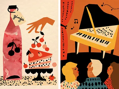 Madeira Early events cake character cherry colorful editorial illustration events handmade illustration people piano red vector