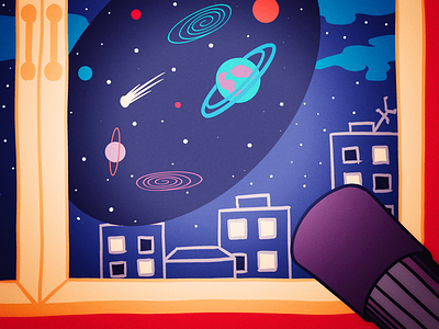 night travel to space abstraction city drawing galaxy illustration night planets space starry sky stars telescope window