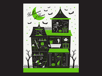 Halloween At Home 2020 bats covid frankenstein ghost halloween haunted house home house illustration poster pumpkin quarantine retro skeleton spooky vampire vector werewolf witch