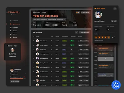 Yoga studio members complex contacts crm crm dashboard crm portal crm software dark dark app dark mode dark theme dark ui dashboard member members membership product design userinterface users ux uxdn