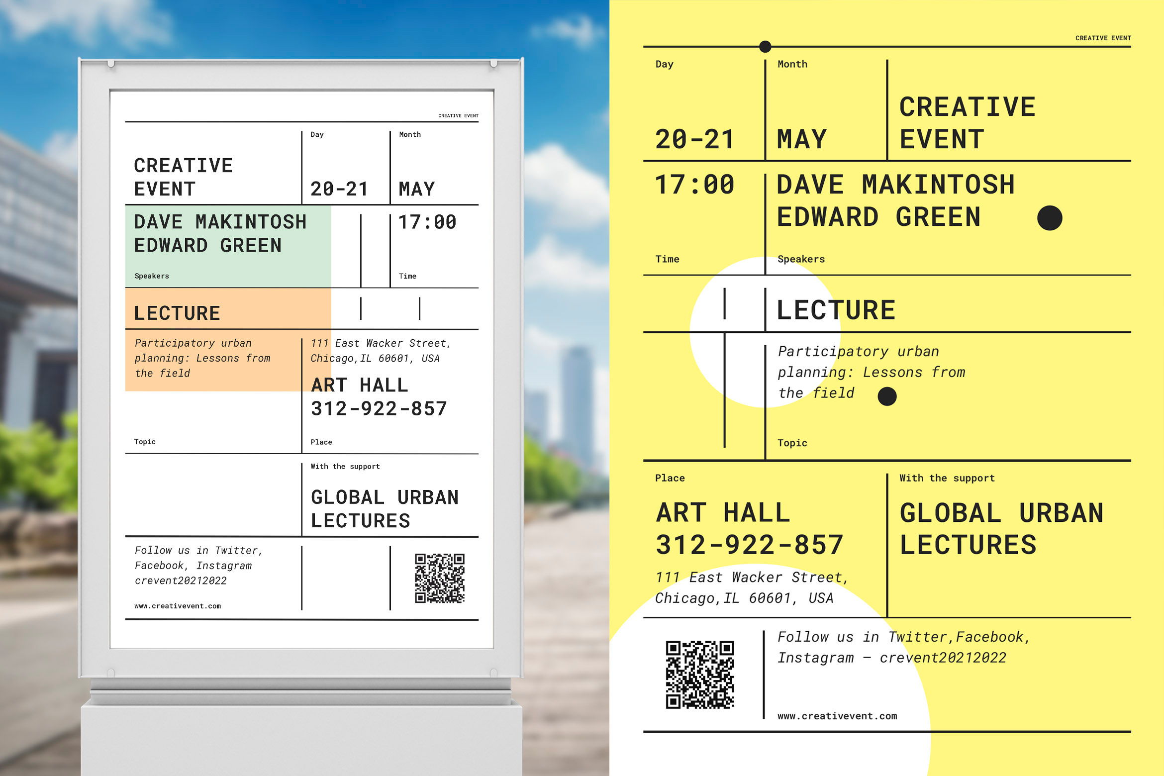 Creative Event Poster Template abstract art conference contemporary creative design education event flyer geometric figures lecture lines meeting minimalism poster seminar speakers template typography workshop